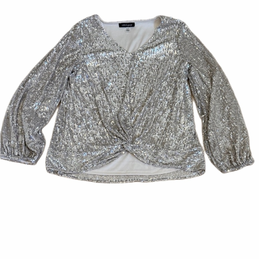 Cable & Gauge Silver Sequin Twist Front Long Sleeve Top Size Medium